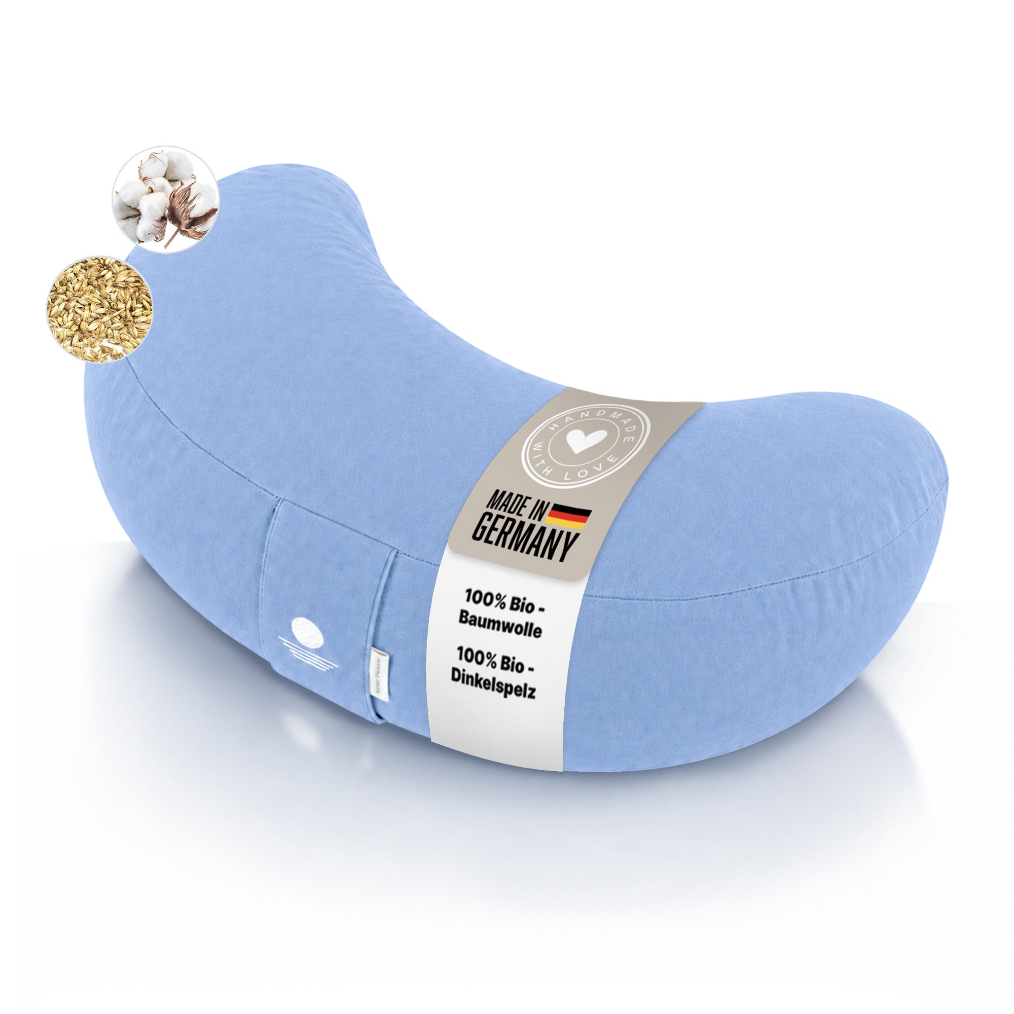 Yogakissen halbrund in Hellblau mit Made-in-Germany-Label, Bio-Baumwolle und Bio-Dinkelspelz