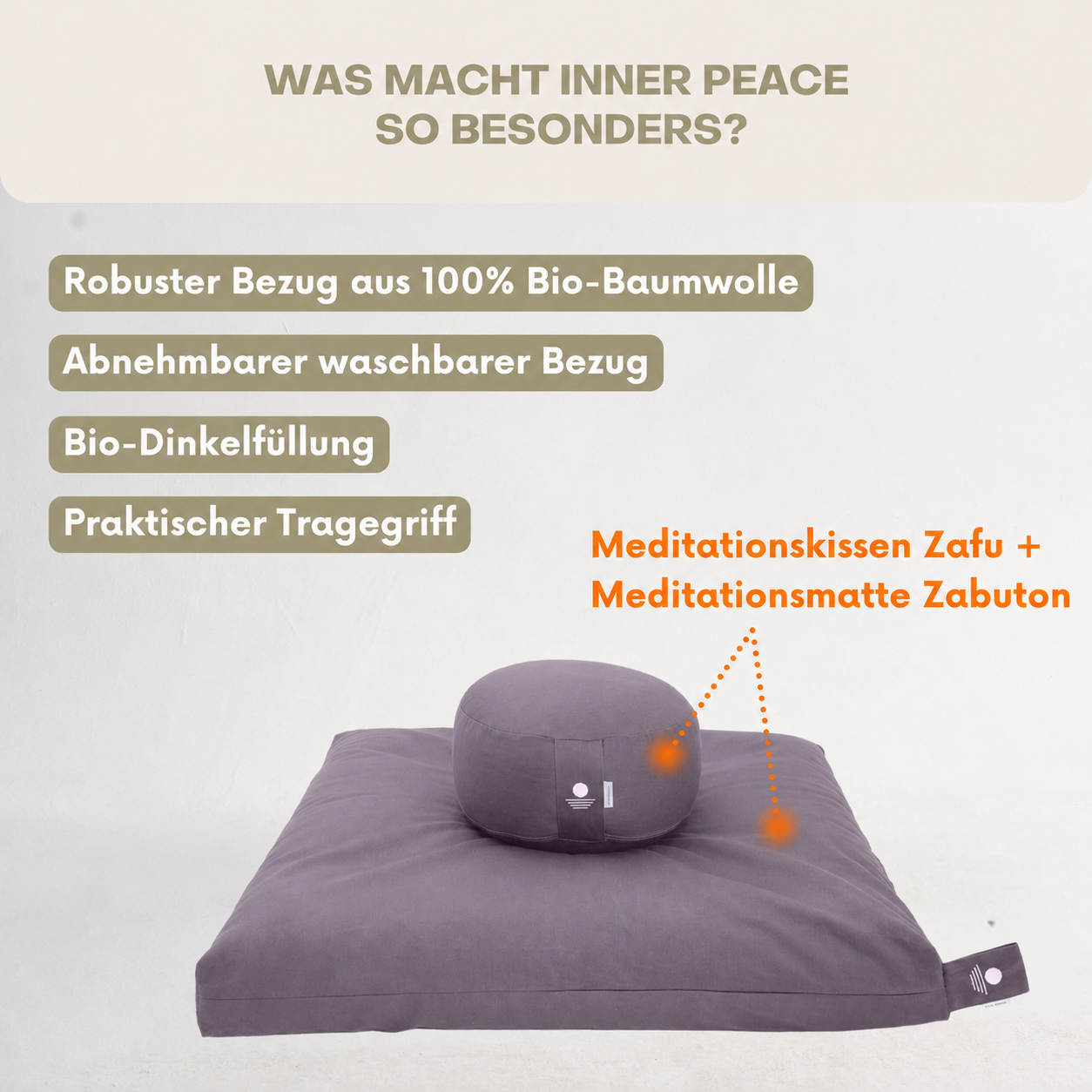Meditationsset Anthrazit mit Bio-Baumwoll-Bezug, Bio-Dinkelfüllung und Tragegriff – Meditationskissen und Meditationsmatte