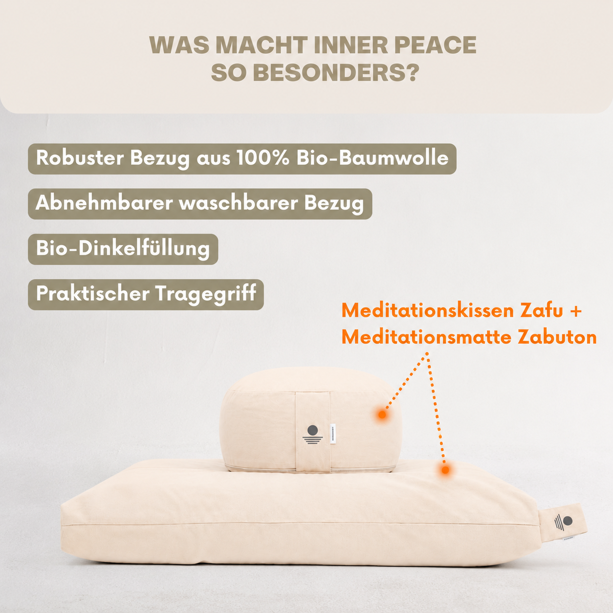 Meditationsset Natur mit Bio-Baumwoll-Bezug, Bio-Dinkelfüllung und Tragegriff – Meditationskissen und Meditationsmatte