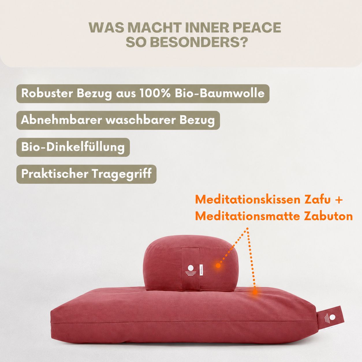 Meditationsset Waldbeere mit Bio-Baumwoll-Bezug, Bio-Dinkelfüllung und Tragegriff – Meditationskissen und Meditationsmatte