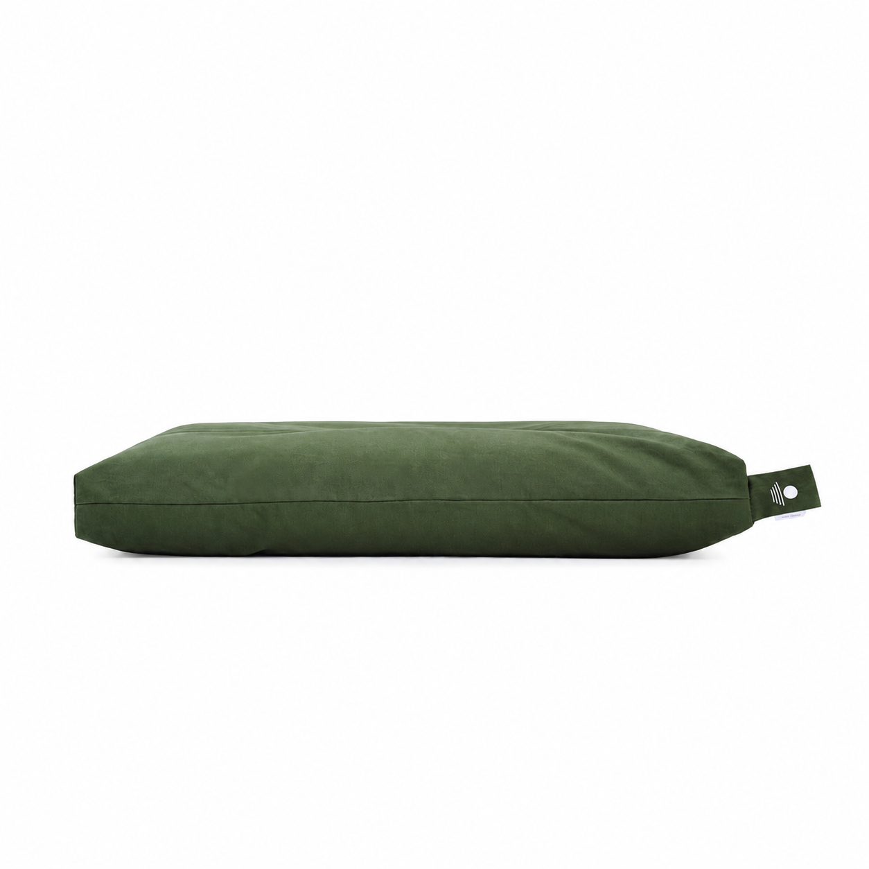Zabuton Meditationsmatte Waldgrün Seitenansicht – flache 7 cm Meditationsmatte mit Inner Peace Logo-Schlaufe