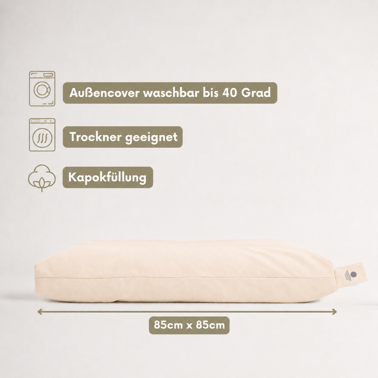 Meditationsmatte Natur 85x85 cm mit Kapokfüllung, Außencover waschbar bis 40 Grad und trocknergeeignet