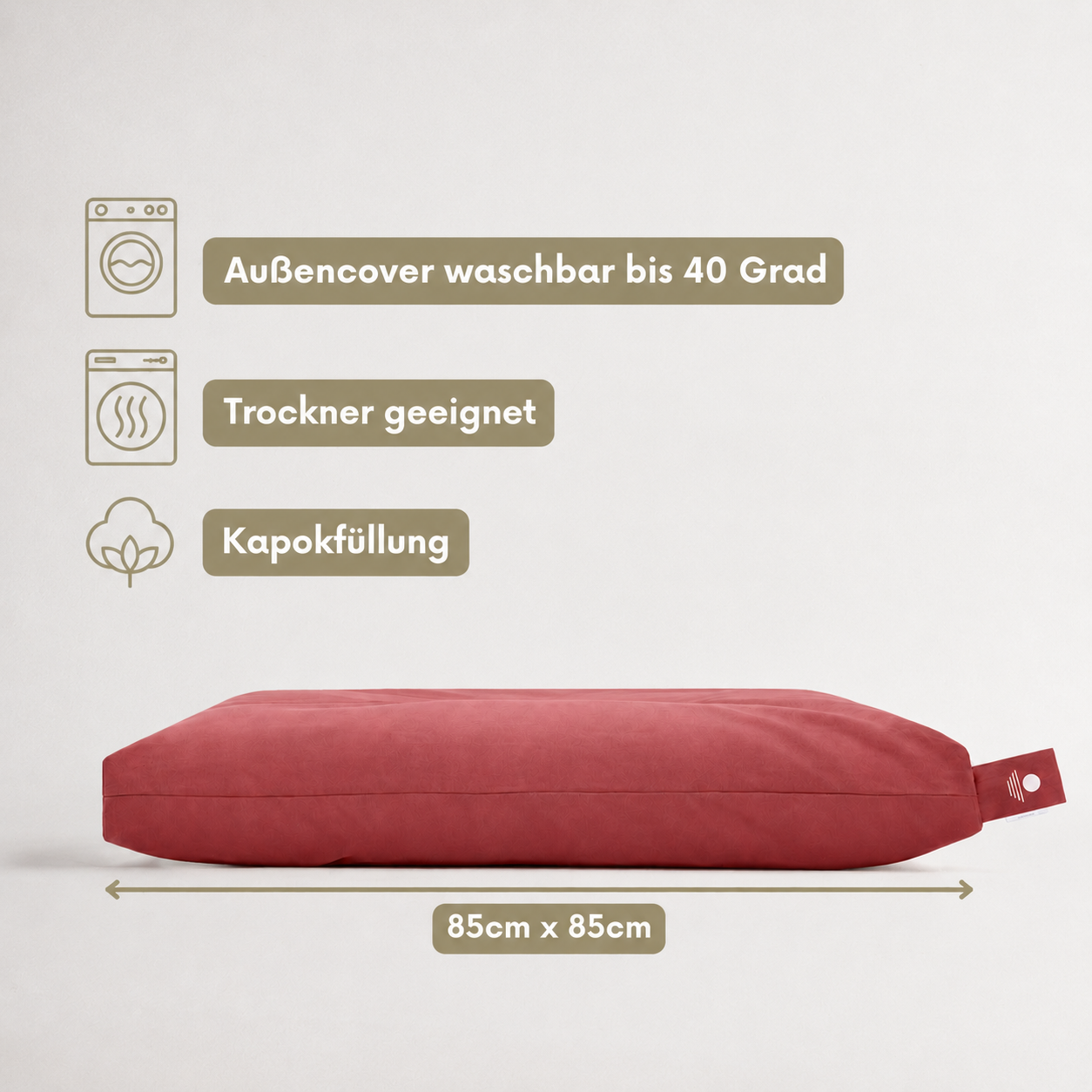 Meditationsmatte Waldbeere 85x85 cm mit Kapokfüllung, Außencover waschbar bis 40 Grad und trocknergeeignet