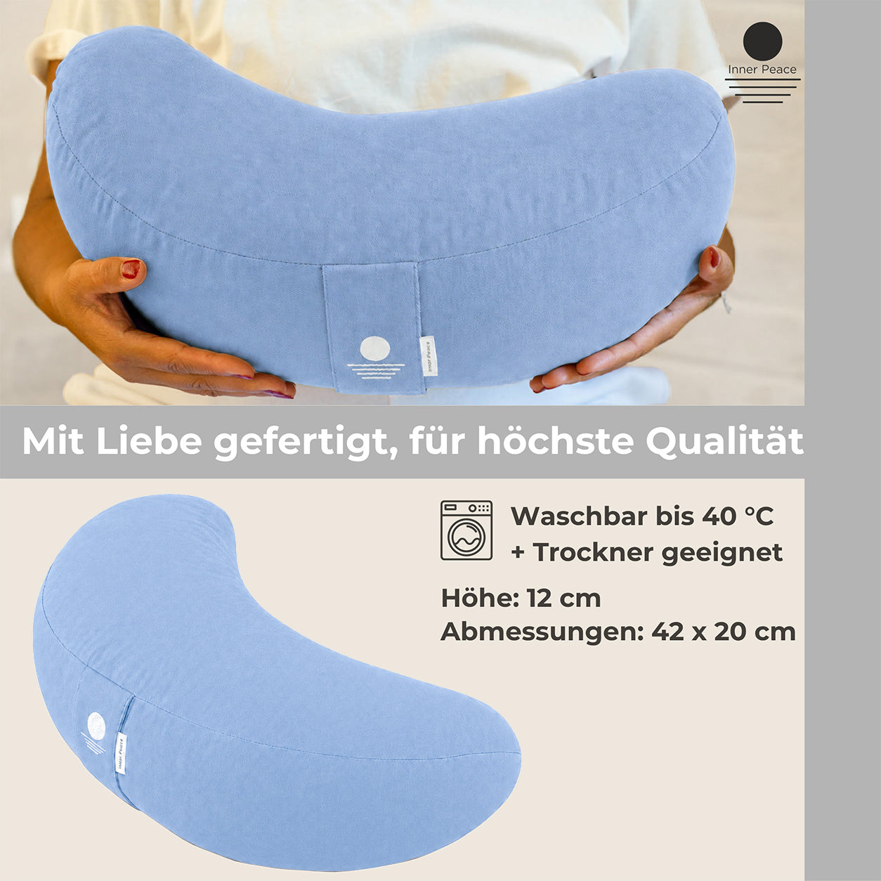 Halbmond-Yogakissen in Hellblau – waschbar, Höhe 12 cm, Abmessungen 42 x 20 cm