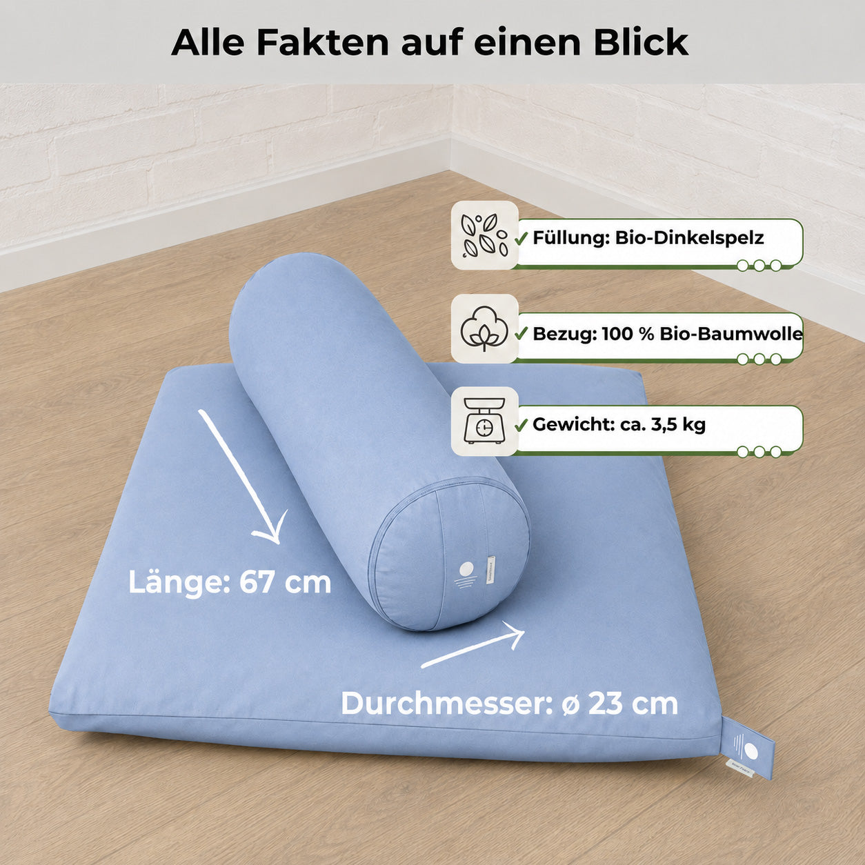 Yoga Bolster Hellblau auf Matte – Länge 67 cm, Durchmesser 23 cm, Bio-Dinkelspelz-Füllung