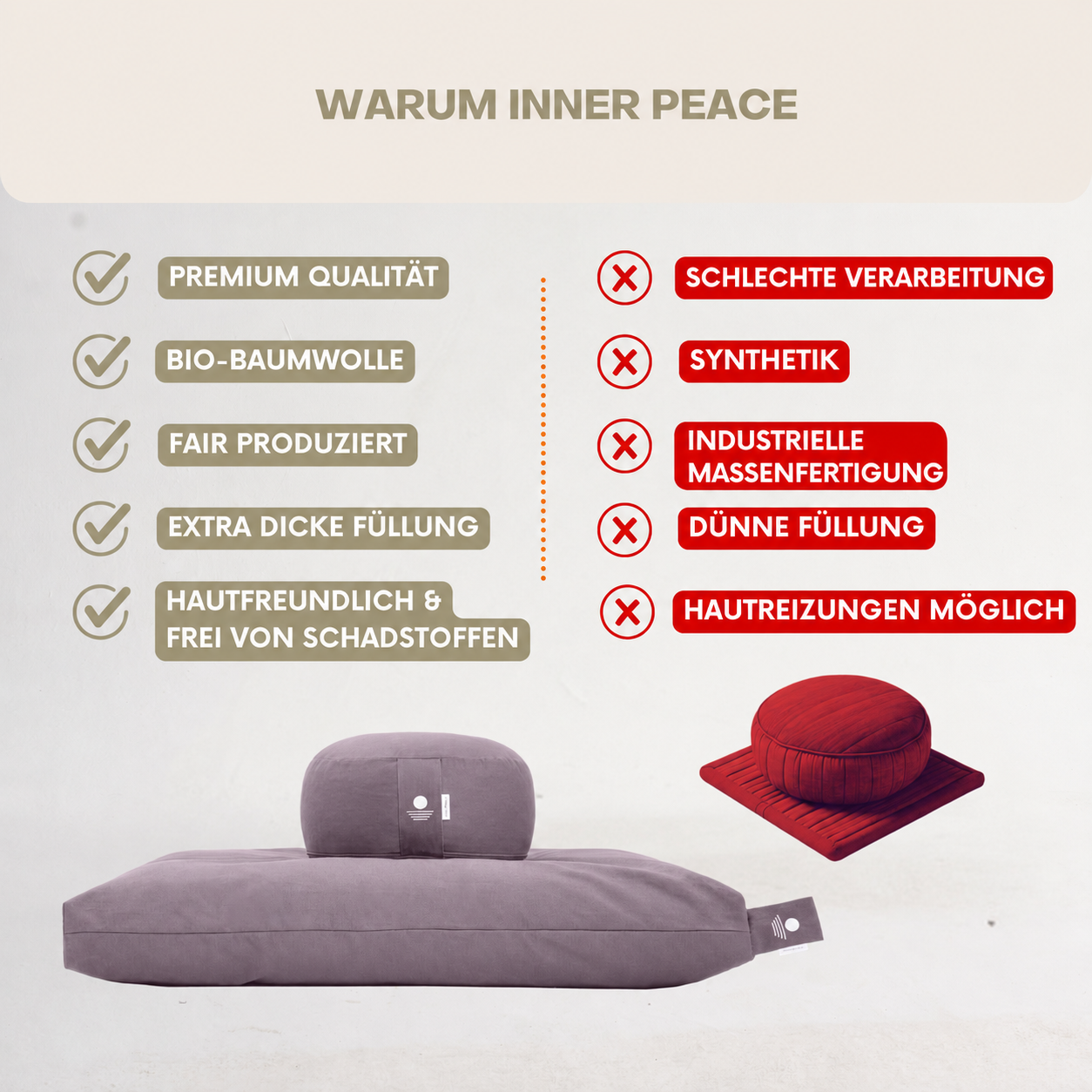 Warum Inner Peace – Meditationsset mit Bio-Baumwolle, Bio-Dinkelspelz und extra dicker Füllung statt Billigware