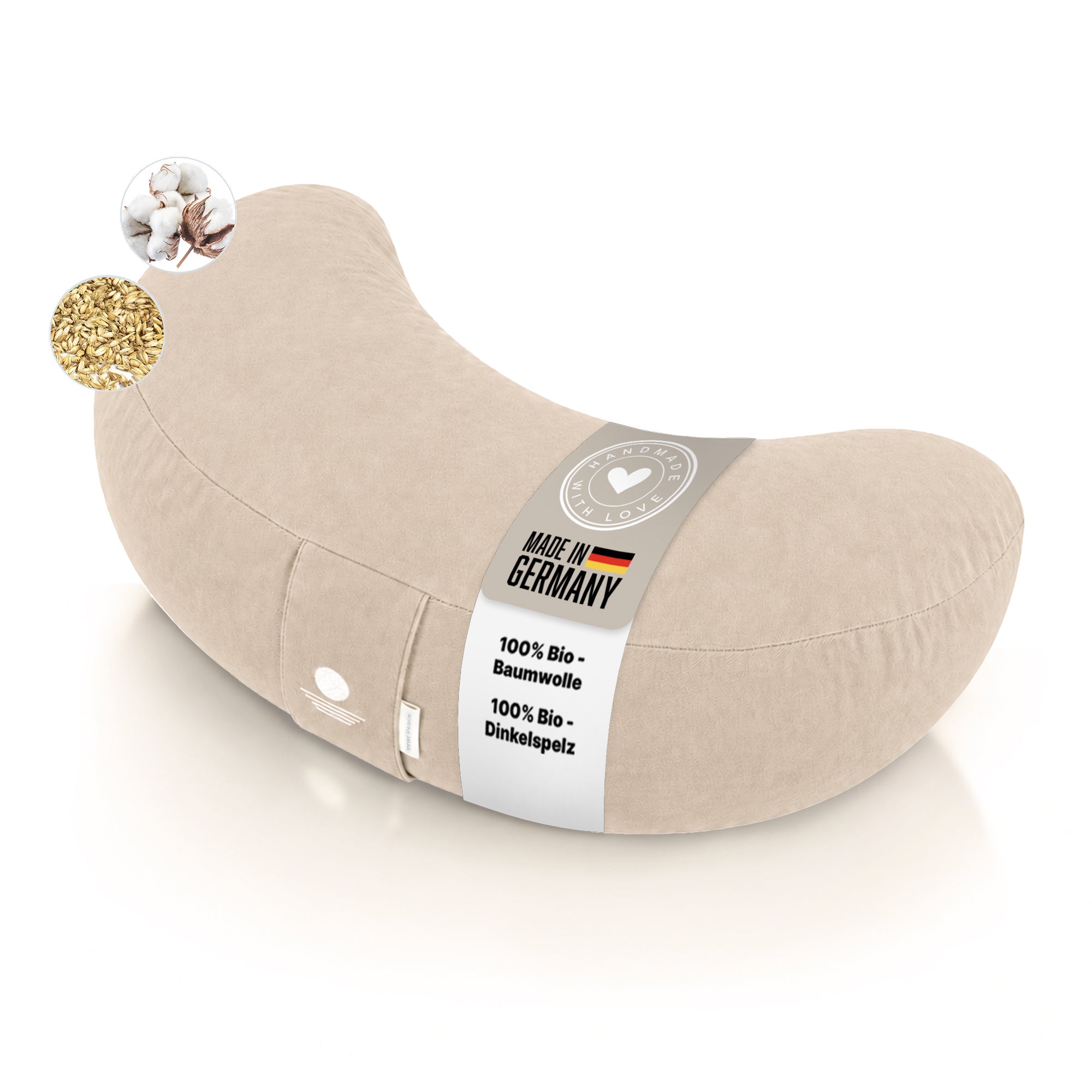 Yogakissen halbrund in Light Taupe mit Made-in-Germany-Label, Bio-Baumwolle und Bio-Dinkelspelz