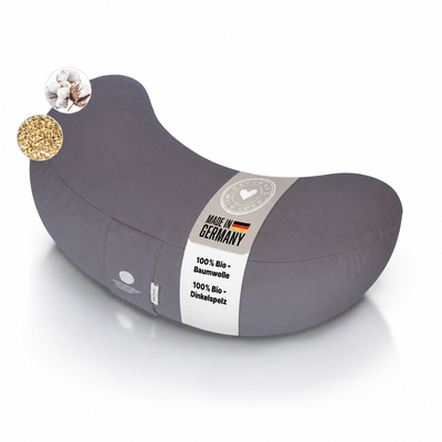 Yogakissen halbrund in Anthrazit mit Made-in-Germany-Label, Bio-Baumwolle und Bio-Dinkelspelz