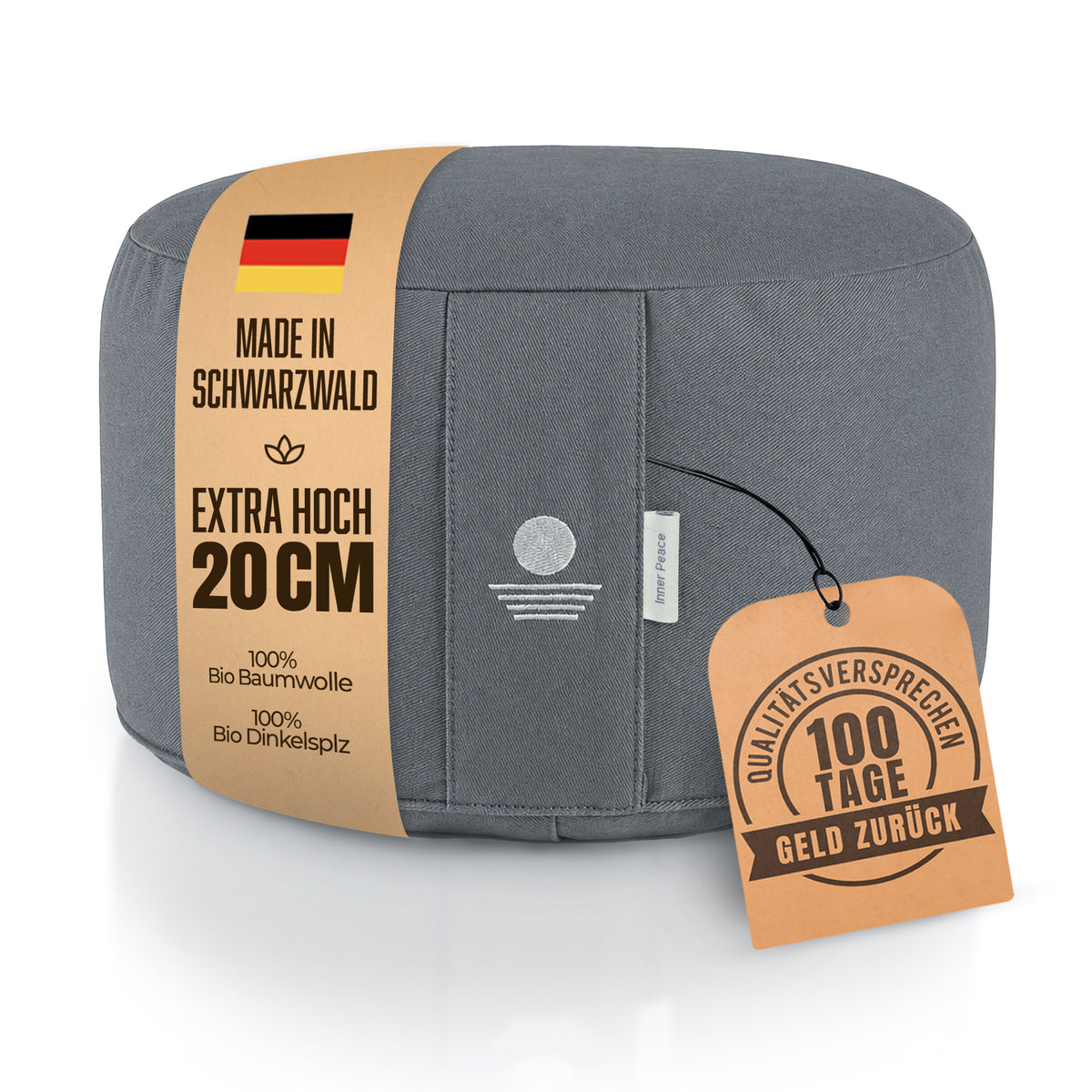 Meditationskissen rund extra Hoch mit Made-in-Germany-Siegel, Bio-Baumwolle und Bio-Dinkelspelz