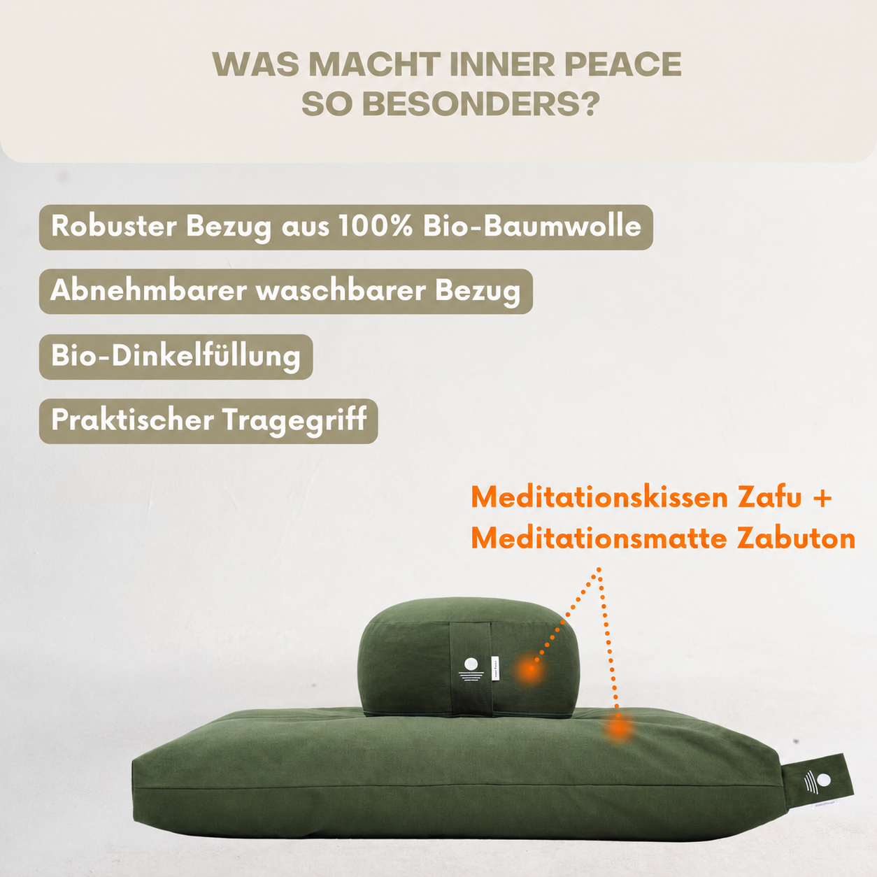 Meditationsset Waldgrün mit Bio-Baumwoll-Bezug, Bio-Dinkelfüllung und Tragegriff – Meditationskissen und Meditationsmatte