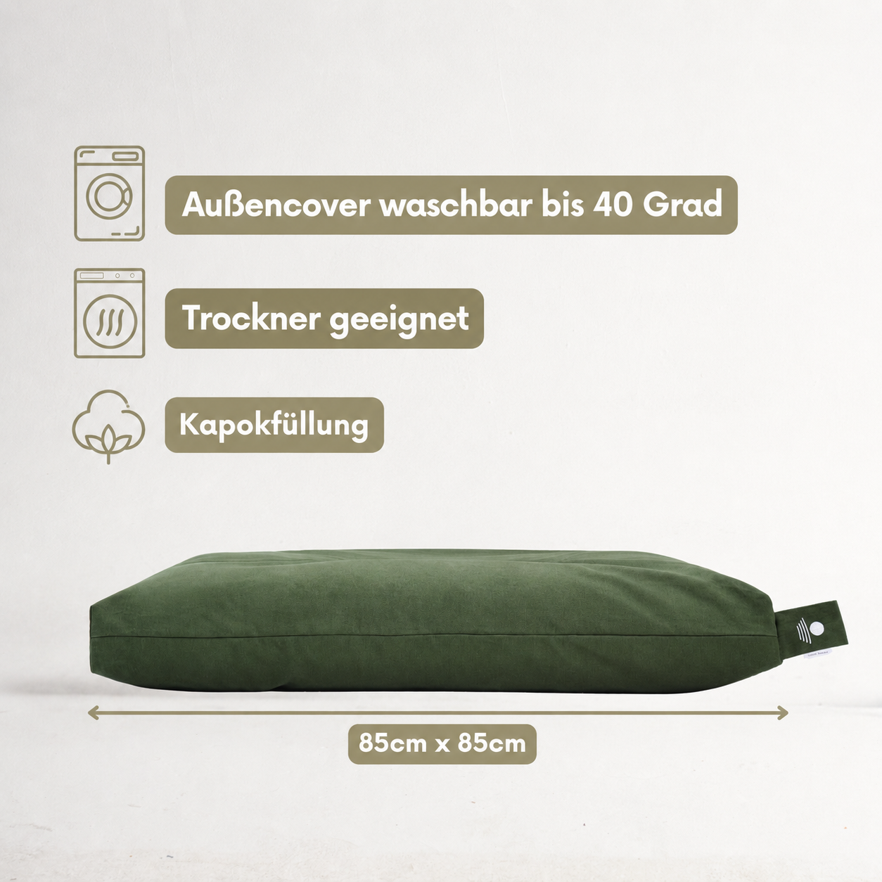 Meditationsmatte Waldgrün 85x85 cm mit Kapokfüllung, Außencover waschbar bis 40 Grad und trocknergeeignet