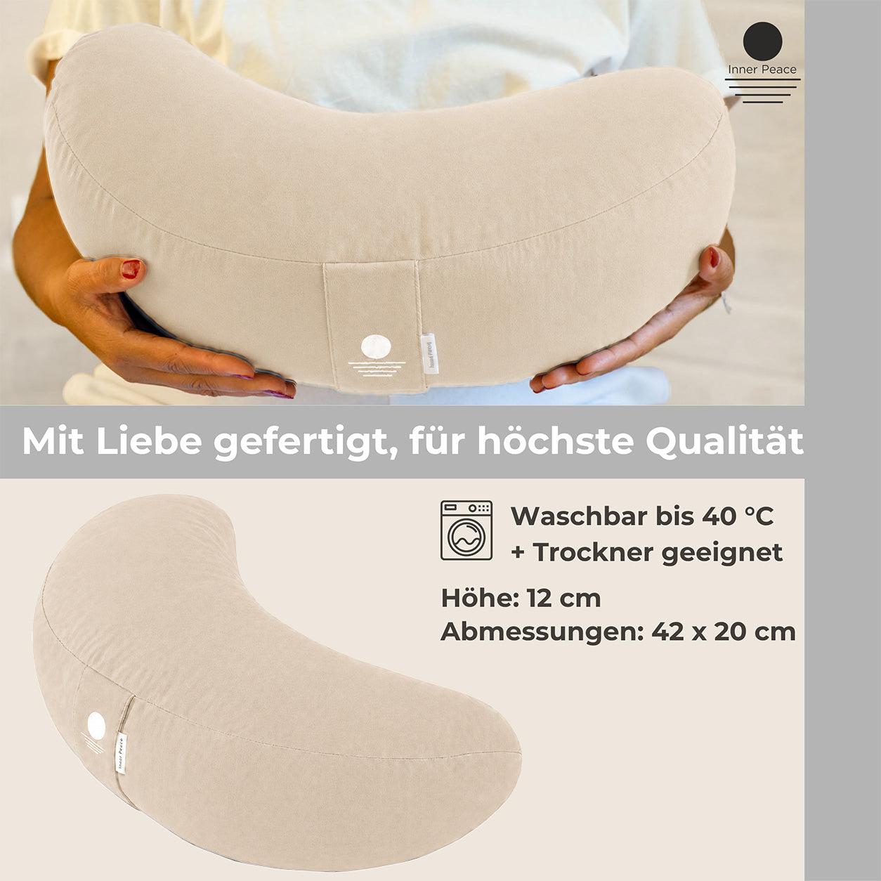 Halbmond-Yogakissen in Light Taupe – waschbar, Höhe 12 cm, Abmessungen 42 x 20 cm