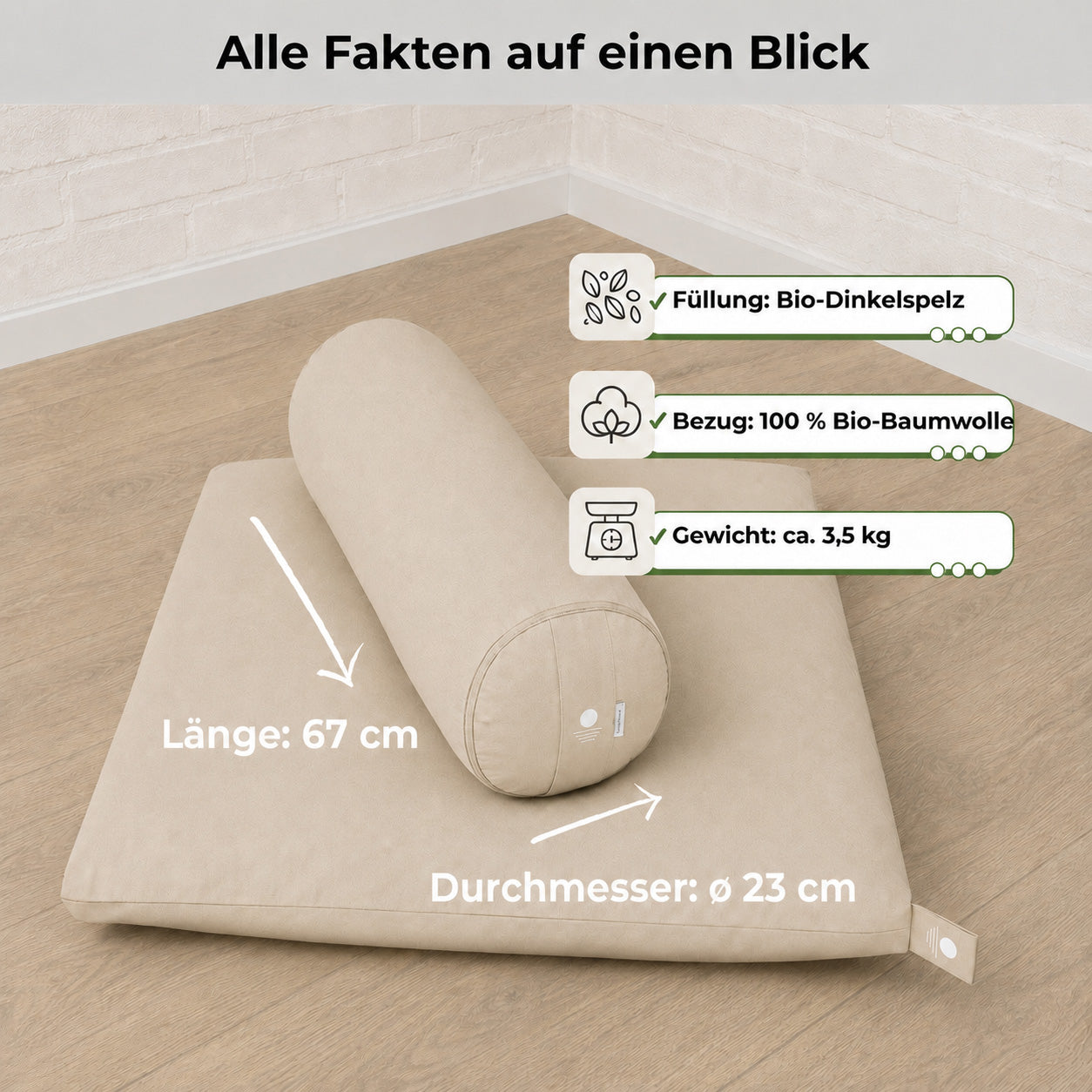 Yoga Bolster Light Taupe auf Matte – Länge 67 cm, Durchmesser 23 cm, Bio-Dinkelspelz-Füllung